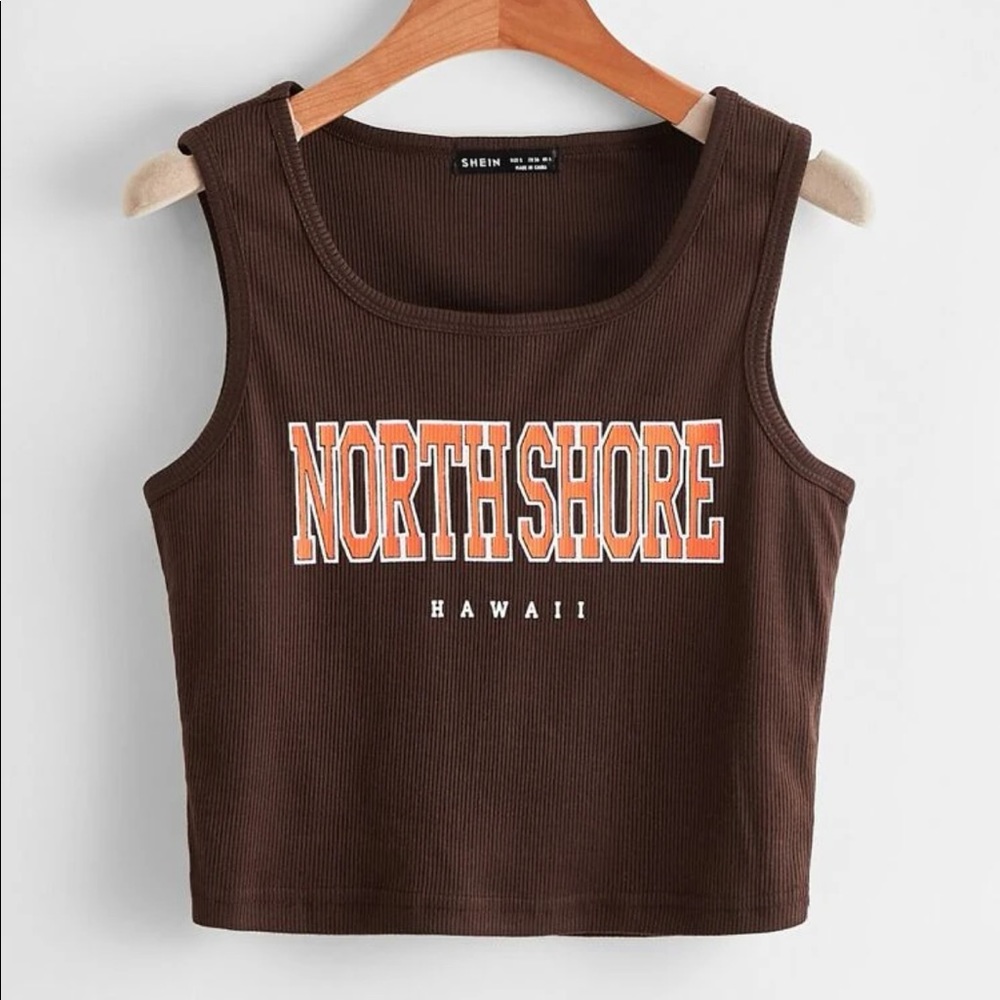 Brown Ribbed Letter Graphic Cropped Tank Top